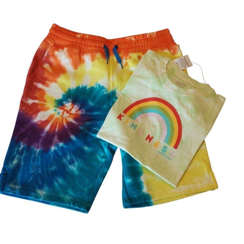 Lands End Boys L 10H 12H Shorts L 10 12 T Shirt Lot Tie Dye Elastic Waist Pocket